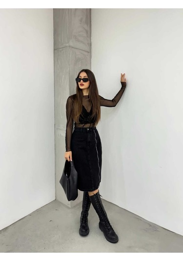 Shevega Kadın Siyah Ön Fermuar Detayli Kot Etek Siyah