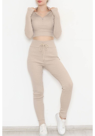 Mokashopin - Fermuarlı Crop Takım Bej - 12130.1748. 001