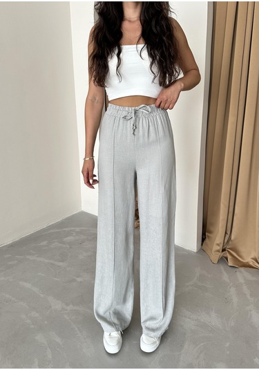 Gri %100 Keten Palazzo Pantolon Gri