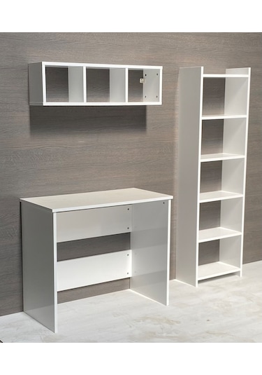 Herseydekor Takım Çalışma Odası Seti Masa, Kitaplık Ve Raf Beyaz