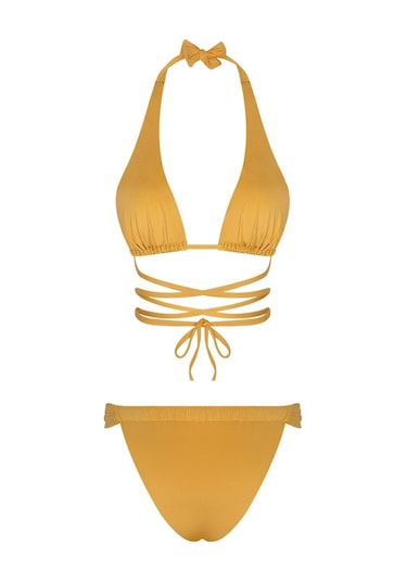 Bonesta Chandra Üçgen Bağlamalı Büzgü Detaylı Sarı Bikini Takımı