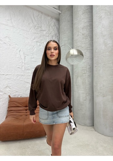 Düz Renk Kadın Sweatshirt Kahverengi