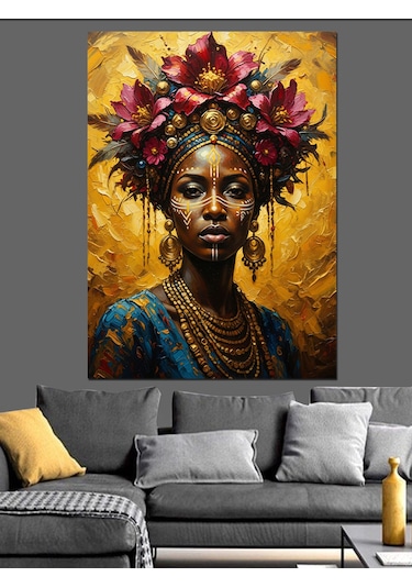 Ahşap Tablo Çiçek Taçlı Afrikalı Kadın