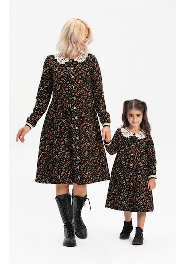 Uzun Kol Asya Yakalı Çocuk Pazen Elbise Çiçek Desen Siyah Syh Siyah