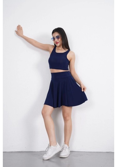 Sendy Kumaş Bisiklet Yaka Crop Şortlu Etek Ikili Takım - Lacivert Lacivert