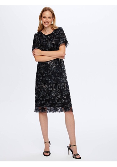 Boncuk Ve Payet İşli Çiçek Desenli Kısa Kollu Abiye Elbise W26aby008 Uw26aby00810 Siyah