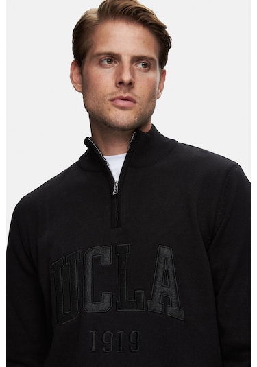 Ucla Arthur Siyah Yarım Fermuarlı Nakışlı Standard Fit Erkek Triko Siyah