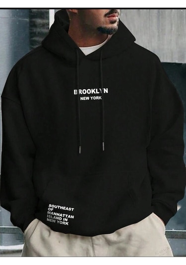 Kapüşonlu Oversize Sweatshirt Siyah Brooklyn Newyork Siyah