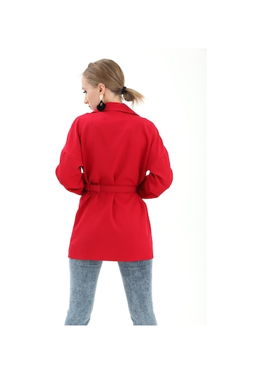 Düşük Omuz Kemerli Atlas Kumaş Blazer Ceket - Kırmızı-kırmızı Kırmızı