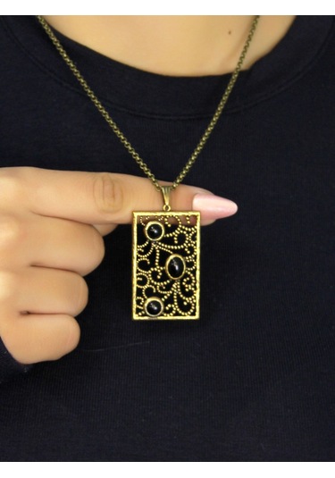 Doğal Taş Oniks 3'lü Doğal Taşlı Antik Kadın Kolye Euk45o Siyah