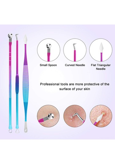 Hangfox 10'lu Paslanmaz Çelik Akne Ve Siyah Nokta Kaldırma Aracı Seti, Mavi-mor Renkli, Siyah Depolama Çantasıyla