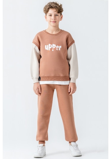 Erkek Çocuk Upper Baskılı 3 İplik Kalın Kışlık Eşofman Takımı Ak4231 Kahverengi