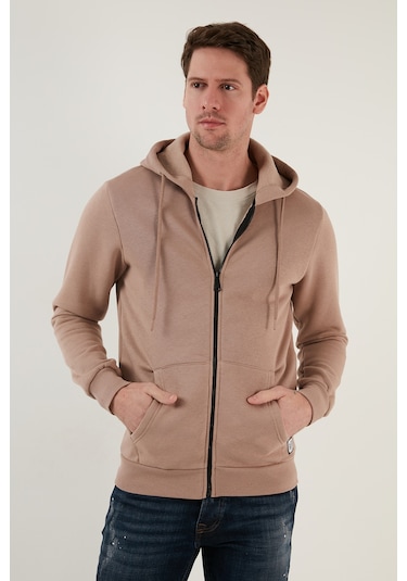 Buratti Regular Fit Kapüşonlu Fermuarlı Içi Tüylü Yumuşak Şardonlu Kışlık Erkek Sweat 5905340 Koyu Bej