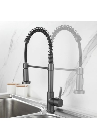 İsaoğlu Yapı Siyah Mutfak Bataryası Siyah Endüstriyel Evye Musluğu Mat Siyah Spiralli Uzayan Sistem Batarya Siyah