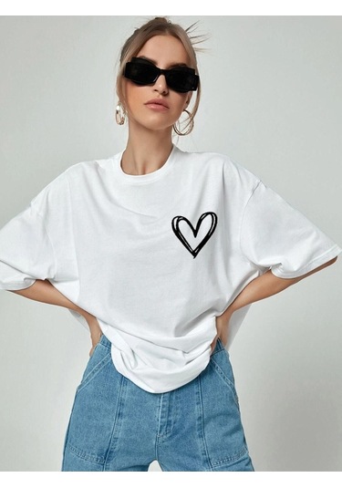 Minimal Kalp T-shirt - Beyaz Baskılı Oversize Bisiklet Yaka Kısa Kol Tişört Beyaz