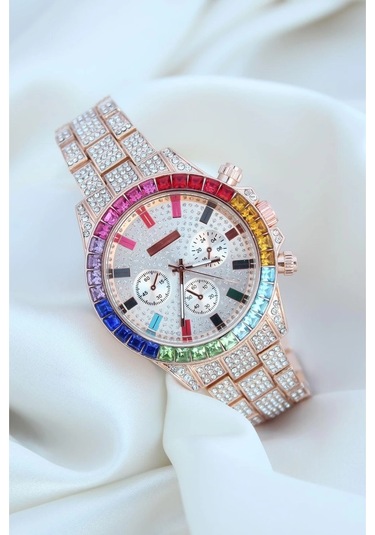 Clariss Trend Rose Metal Kordonlu Zirkon Taş Kaplama Renkli Taşlı Kasa Tasarımlı Lüx Kadın Kol Saati Gold