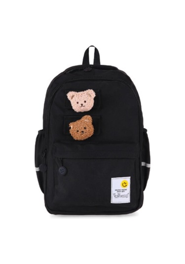 Young İki Ayıcık Maskotlu Siyah Okul Çantası Sırt Çantası Spor Çantası 51666 Desenli