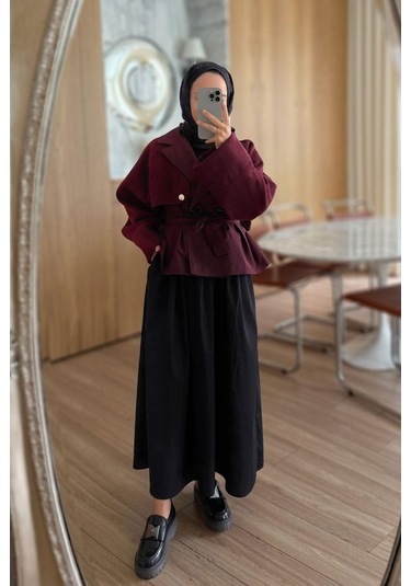 Kahijab Gold Düğme Kolları Kaşe Trençkot - Bordo
