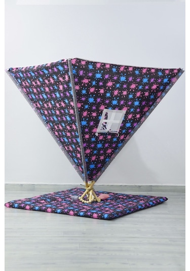 Yıldız Desen, Ahşap Direkli, Pencereli Doğal Ev-bahçe Çocuk Oyun Çadırı, Gri Siyah