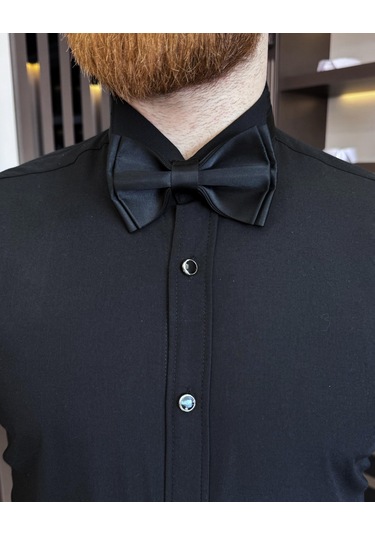 İtalyan Kesim Slim Fit Damatlık Ata Yaka Erkek Gömlek Siyah T7526-siyah Siyah