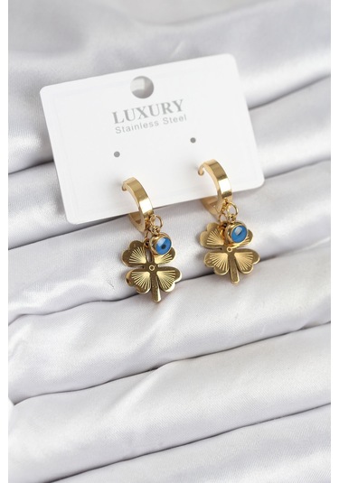 316l Çelik Nazarlı Yonca Model Kadın Küpe Renkli