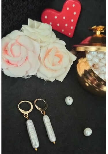 24k Altın Kaplama Eşsiz Uzun Gerçek İnci Tasarım Zarif Küpe Beyaz Gold