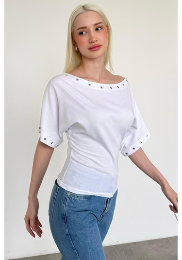 Madmext Beyaz Off Shoulder Metal Detaylı Kadın Bluz Mg2671 Beyaz