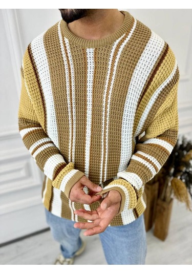 Kazak Oversize Renkli Örgü Desenli Naturel Pamuk Bol Kesim Salaş Triko Kazak Hardal