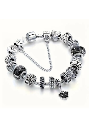 Worldshop Kalp Aşk Temalı Siyah Charm Bileklik