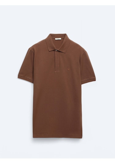 Kahverengi Düz Polo Yaka %100 Pamuk T-shirt Kahverengi