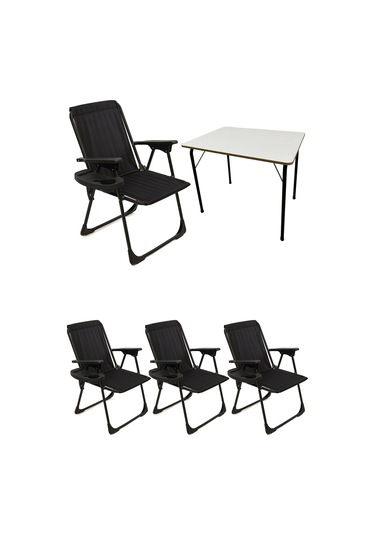 Natura 4 Adet Kamp Sandalyesi Oval Bardaklık Siyah + MDF Masa Siyah