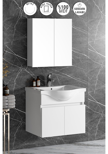 Yıldız 65 Cm Beyaz Mdf Seramik Lavabolu Asma Banyo Dolabı Takımı Beyaz