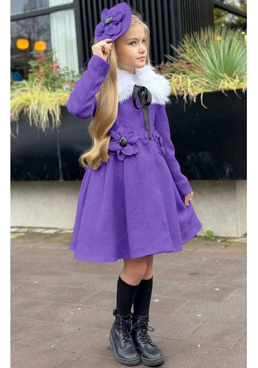 Riccotarz Kız Çocuk Kürk Yakalı Önü Çiçek Ve Elmas Taş Detaylı Mor Kaşe Mor