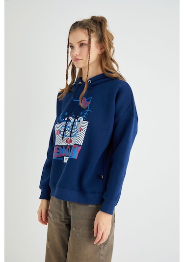 Hello Kitty Lisanslı Baskılı Kapüşonlu Lacivert Sweatshirt Renkli