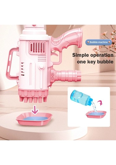 Pilli Roket Atar Köpük Tabancası 32 Delikli Bazooka Bubble Machine - Pembe Pembe