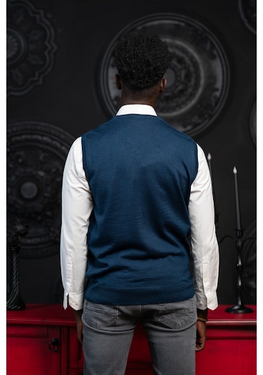 V Yaka Regular Fit Yünlü Kolsuz Triko Süveter İndigo