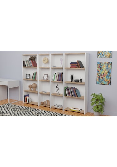 5 Raflı Kitaplık Seti 2 Dar 2 Geniş Raf Kütüphane Beyaz - A.çam