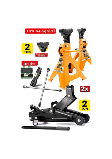 2000kg Kapasiteli Tekerlkli Kriko X2 Çift Sehpa Tip + Bijon Seti