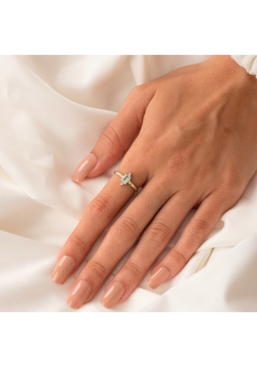 Gümüş Yüzük - Octagon Kesim Su Yeşili Taşlı 0.95 Karat Pırlanta Montürü 925 Ayar Gümüş Yüzük Sarı