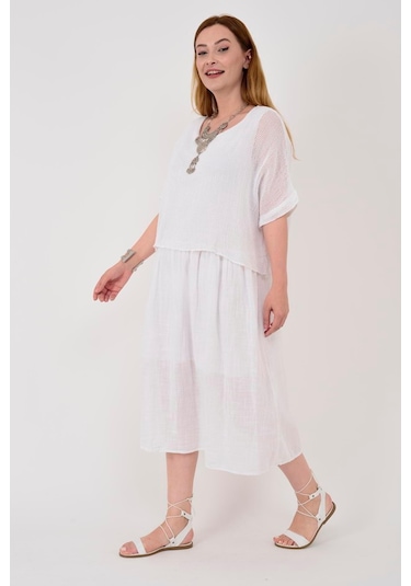 İtalyan Müslin Keteni Üstü File Bluzlu Astarlı Tek Parça Elbise-9256 Beyaz