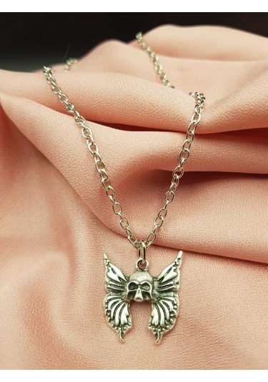 Tezzgelsin Unisex Gotic Kelebek Kafatası Kolye Gümüş