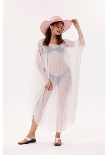 Tarzını Seç Kimono Pareo - Tesettür Pareo - Esnek Likralı Tül Beyaz 240x135 Cm Çok Renkli