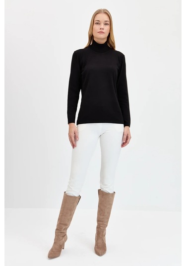 Desen Triko Kadın Likralı Uzun Kollu Basic Tam Balıkçı Bluz 20017 Siyah Siyah