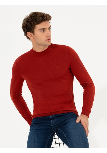 Cacharel Kiremit Slim Fit Çeyrek Balıkçı Yaka Basic Triko Kazak Kırmızı