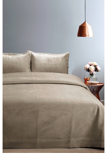 Lidia Kadife Çift Kişilik Yatak Örtüsü Takımı - Vizon