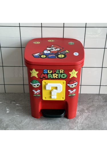 Super Mario Büyük Kapasite Ayak Pedallı Kapaklı Sevimli Çocuk Odası Çöp Kovası Kırmızı