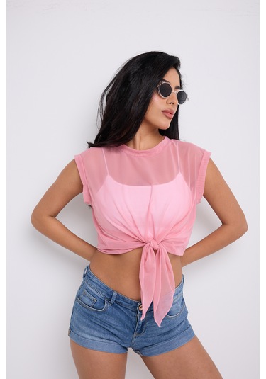 Önü Bağlamalı Tül Bluz Toz Pembe