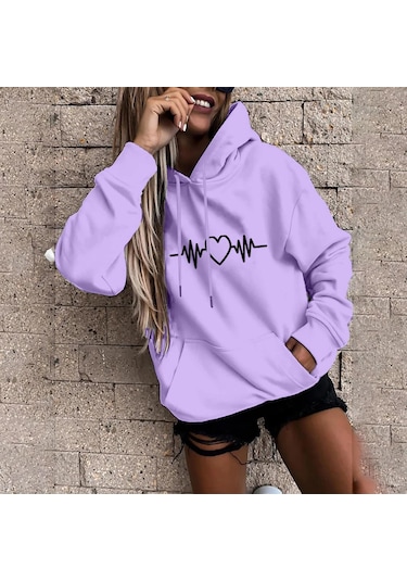 Kaixinjiuhao Kadın Moda Rahat Eğlenceli Baskı Kapşonlu Kazak Gevşek Spor Üstleri Kazak Mor