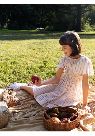 Sheshe Yarım Kollu Çizgili Pamuklu Kız Çocuk Elbise Renkli