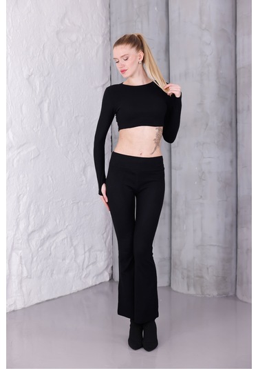 Kadın İspanyol Paça Pantolon Uzun Kollu Parmak Geçirmeli Crop Takım Siyah